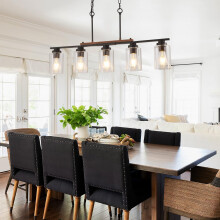 5 Light Chandeliers Ceiling Light,E27 Vintage Rustic Kitchen Lights Ceiling Industrial Metal Glass Hanging Lights, Matte Black Pendant Light for Farm