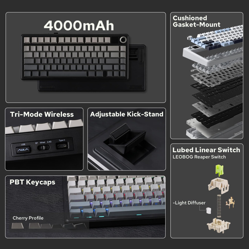 Epomaker X Aula F75 Max Tri-Mode Wireless Gaming Keyboard, Tft Screen, Knob, Hot Swappable, 2.4Ghz/Type-C/Bt5.0, Gasket Creamy, For Pc/Mac/Office/Gam 5001715022115