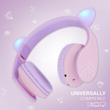 PowerLocus P2 Kids Headphones Wireless, Bluetooth Headphones for Kids Over Ear with Volume Limit 85DB, Cat Ear LED Light Up, Built-in Microphone, Fol