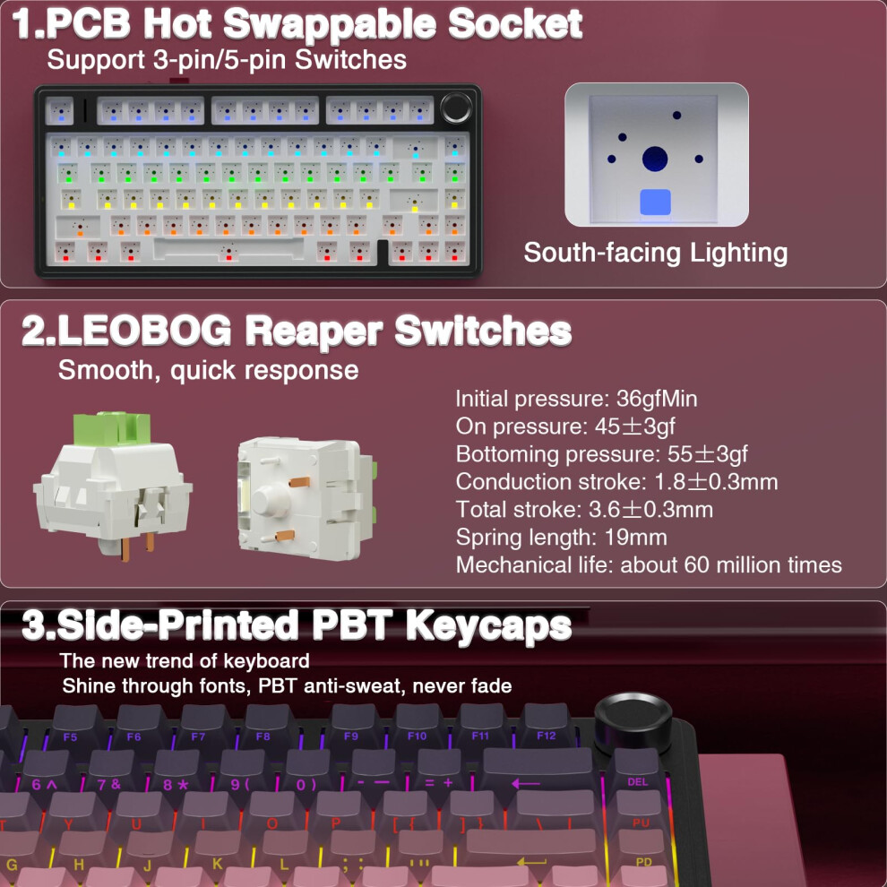 Aula F75 Pro Wireless Mechanical Keyboard, 75% Hot Swappable Custom Keyboard, Rgb Backlit, Pre-Lubricated Reaper Switches, Side-Printed Pbt Keycaps 5006264151828