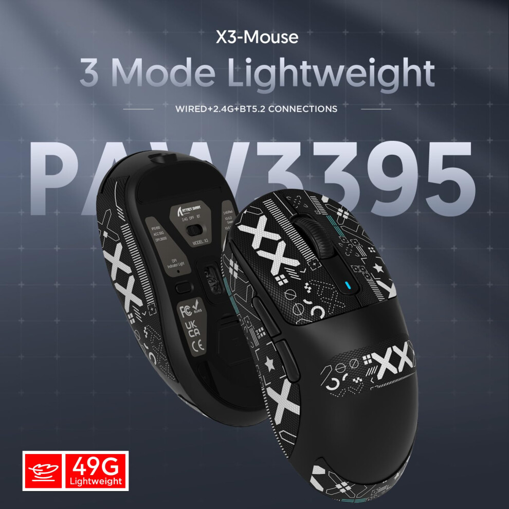 Attack Shark X3 49G Superlight Mouse With Ribbon, Pixart Paw3395 Gaming Sensor, Bt/2.4G Wireless/Wired Gaming Mouse, 6 Dpi Adjustable 26000, 200 Hrs 5003287413742