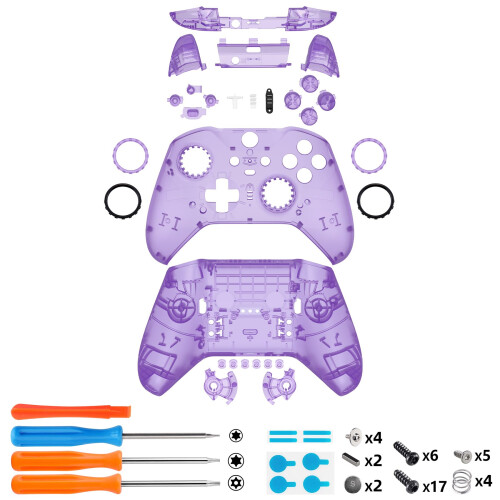 eXtremeRate Full Set Shell Buttons for Xbox One Elite Series 2 Controller, Clear Atomic Purple Replacement Faceplate Back Plate Bottom Shell Case wit 2