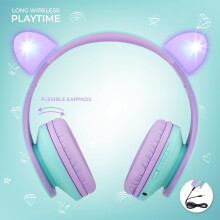 PowerLocus P2 Kids Headphones Wireless, Bluetooth Headphones for Kids Over Ear with Volume Limit 85DB, Cat Ear LED Light Up, Built-in Microphone, Fol