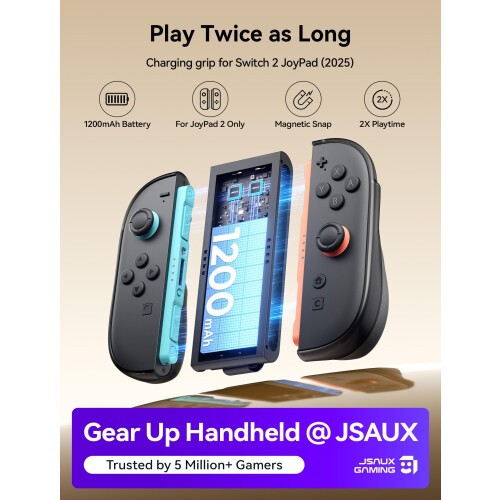 JSAUX Charging Grip for Switch 2 JoyCon, Built-in Battery & Playing While Charging, Ergonomic Controller Charger Handle Grip Set for Nintendo Switch 1