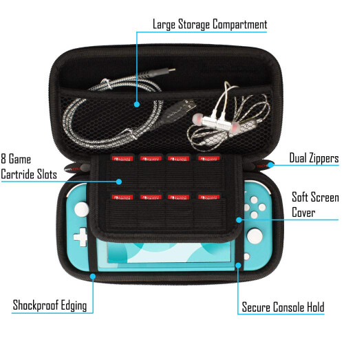 TECHGEAR Switch Lite Case, Hard Protective Travel Cover, 8 Game Slots [Grey]