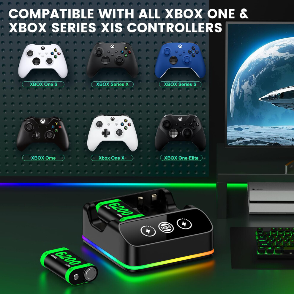 Charger With 2X6200mwh Rechargeable Battery Pack For Xbox One/Series X|S, Xbox One Series Controller Batteries Pack With Charging Station For Xboxone 5000229649337