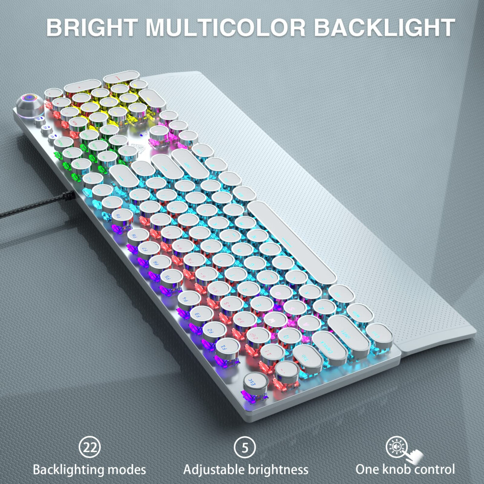 Aula F2088 Typewriter Style Mechanical Gaming Keyboard Switch, With Removable Wrist Rest, Media Control Knob, Rainbow Backlit, Retro Punk Round Blue 5006943759444