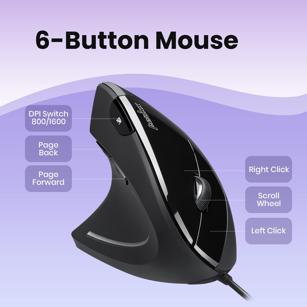 Perixx Perimice-513L Left-Handed Wired Vertical Mouse With 6 Buttons And 2 Adjustable Level Dpi, 11516 Black 5001451426444
