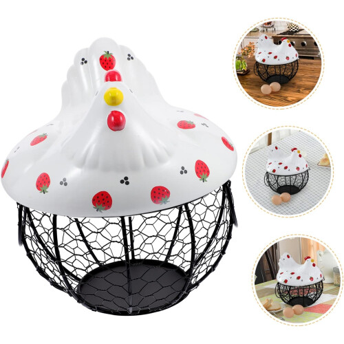 Eggs Storage Container Kitchen Fruit Bowl Iron Art Chicken Lid Mesh Basket Country Style Kitchen Accessory 2