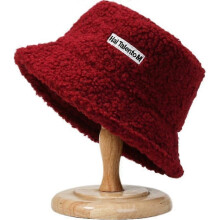 (Red/One size) Korean Autumn Winter Lamb Fleece Warm Embroidered Letter Fisherman Hat Sheep Shearling Casual Couple Simple Bucket Hat