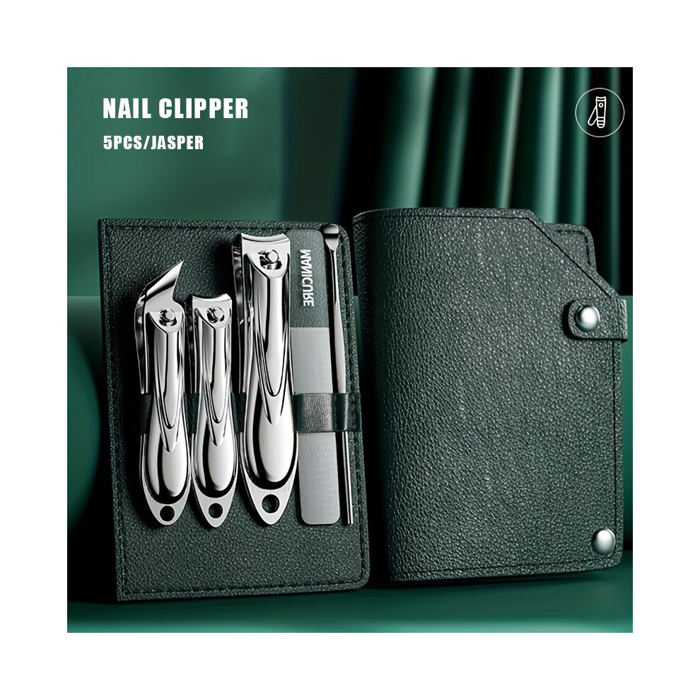 Stoyotu (Deep Green) 1Set Classic 5-In-1 Stainless Steel Nail Clipper Kit, Concave Blade Edge, Oblique Clippers, Nail File