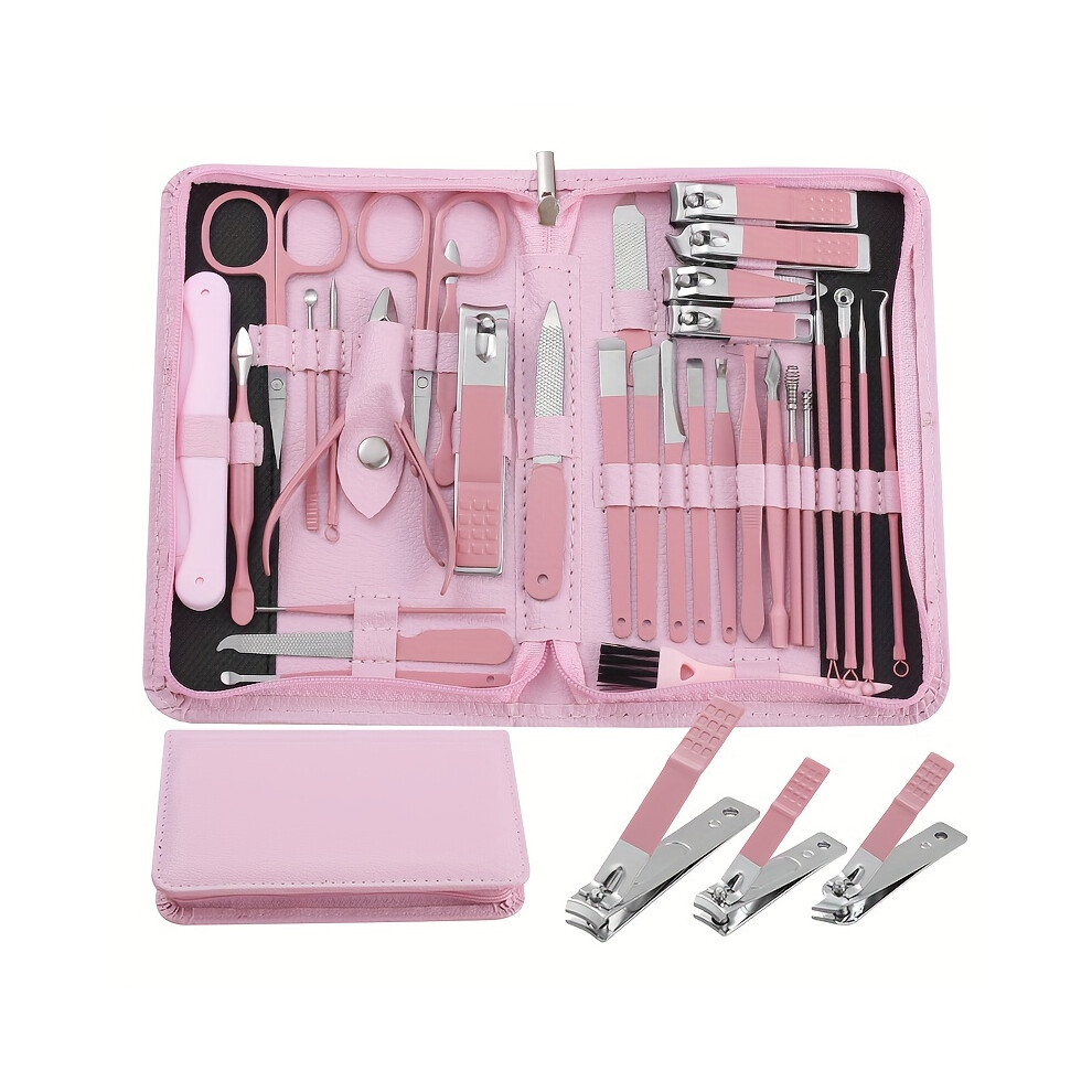Stoyotu (Pink 32Pcs) Professional Pink 10/32Pcs Stainless Steel Manicure & Pedicure Kit With Modern Style Concave Edge Clippers & Grooming Tools