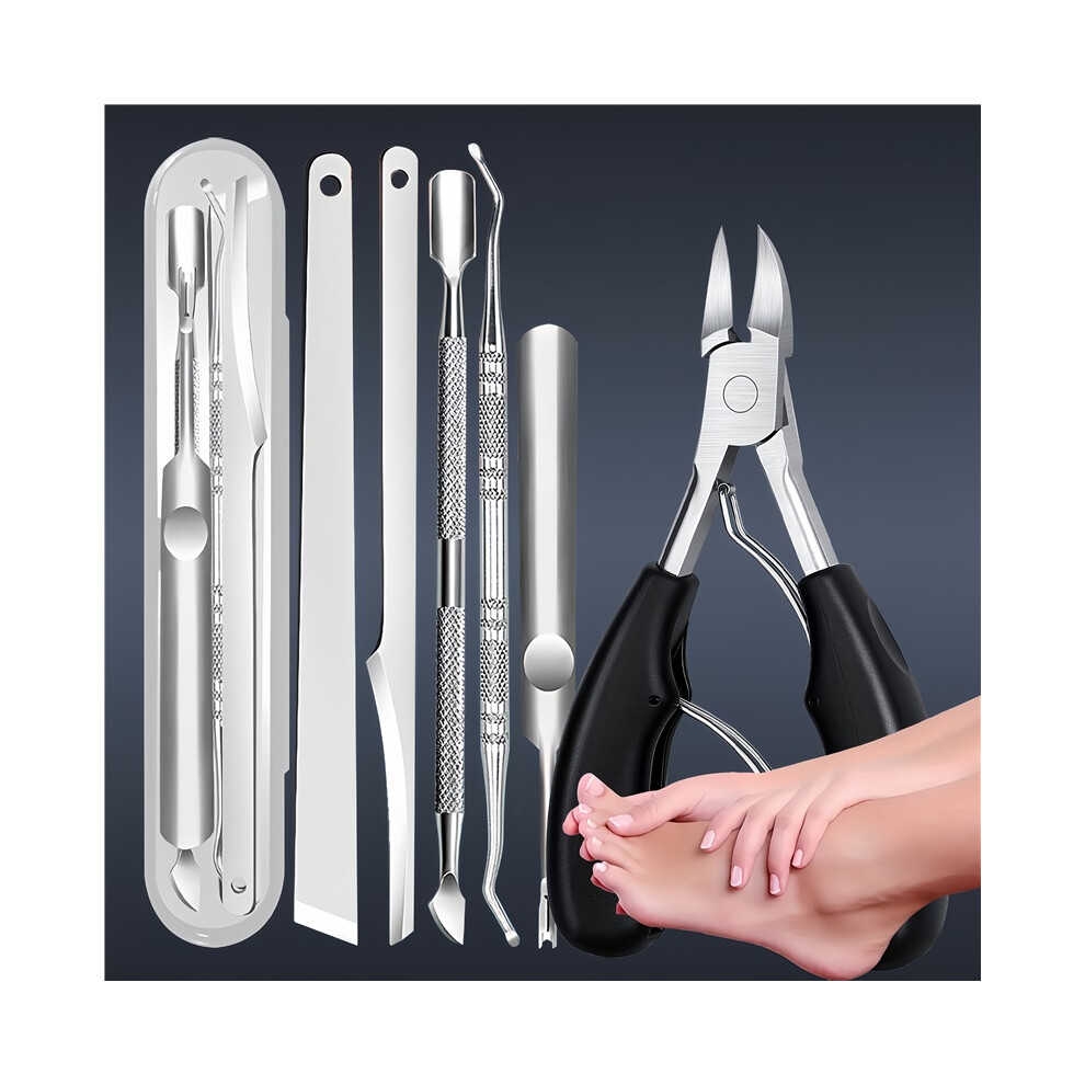 Stoyotu 6Pcs Heavy Duty Toenail Clippers Kit, Slanted Curved Blade Toe Nail Clippers For Ingrown Toenails & Fingernail, With Wide Jaw