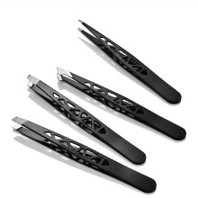 4pcs Stainless Steel Tweezer Set , Black 96 Flat-Tip Tweezers, Eyebrow Tweezer Set with Eyebrow Trimmer, Ingrown Hair Remover