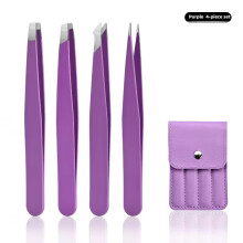 (Purple 4 pcs) A set of 4 stainless steel tweezers | Purple makeup tools suitable for eyelash transplantation, eyebrow shaping, hair removal