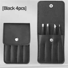 (Black 4pcs) A set of 4 stainless steel tweezers | Purple makeup tools suitable for eyelash transplantation, eyebrow shaping, hair removal