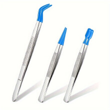 (Blue 3 pcs) Blue Head Clip 3/4pcs Tweezers with Rubber Tips Tweezers PVC Coated Tweezers Set, Rubber Straight Tip Tweezers Rubber Flat Tip