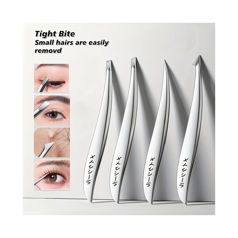 Stoyotu 4Pcs Stainless Steel Precision Slant Tip Tweezers Suitable For Facial Hair Removal, Pimple, Eyebrow Grooming, Hygienic Beauty