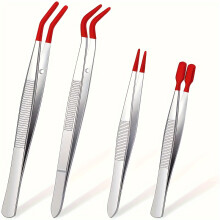 (Red 4cps) 1/2/3/4/5pcs Tweezers Set with Rubber Coated Tips - Bent & Straight Flat Tip for Stamping, Jewelry Crafts, and Electronics