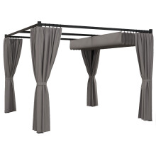 3 x 3m Metal Pergola with Retractable Roof & Side Curtains, Outdoor Garden Gazebo with Steel Frame