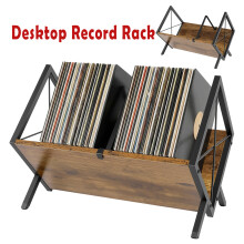 Vinyl Record Storage Holder, Industrial Wood & Metal LP Album Display Rack, Desktop Record Organizer for Vinyls, Books, Magazines