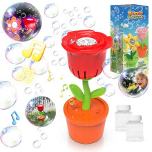 (Red) Automatic Bubble Machine with Lights and Music, Kids Sunflower Bubble Blower Toys with Bubble Liquid for Party Wedding Garden Outdoor