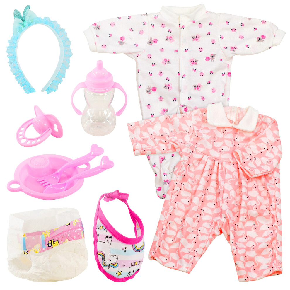 Bibi Doll 10-Piece Baby Doll Accessories Set For 16-18 Inch Dolls - 2 Doll Clothes, Hair Band, Nappy, Bottle, Bib, Dummy, Plate, Fork, Spoon