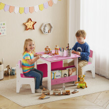 AIYAPLAY 3 Pieces Kids Table and Chair Set with Bookshelves, Pink