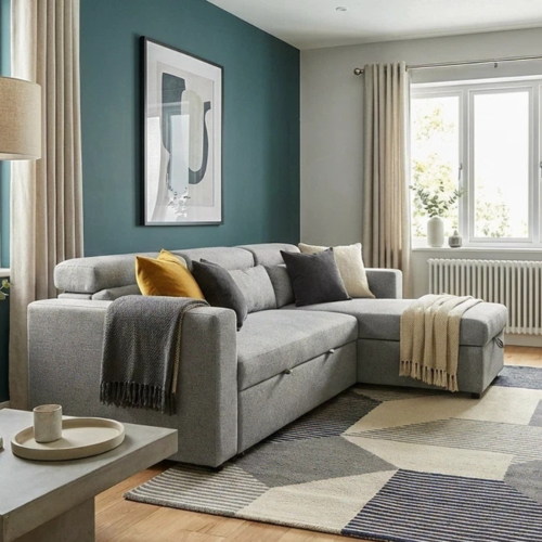 (Grey Linen) Reversible 4 Seater Sofa Bed in Linen Storage Sofa Bed Pull-Out Sleeper Corner L-Shaped UK 2