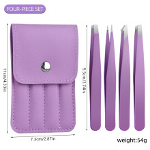 (Purple 4 pcs) 4-Piece Eyebrow Tweezer Set - Professional Stainless Steel Hair Removal And Grooming Tools, With Storage Case, Including Angled