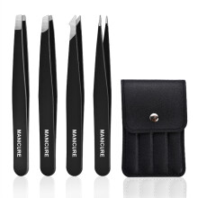 (Black 4 pcs) 4-Piece Eyebrow Tweezer Set - Professional Stainless Steel Hair Removal And Grooming Tools, With Storage Case, Including Angled