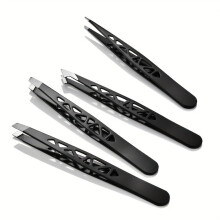 (Black) 4pcs Stainless Steel Precision Tweezers with Travel Storage Box - Professional Slanted, Pointed, Flat, And Angled Tips