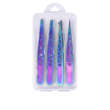 (Colorful) 4pcs Stainless Steel Precision Tweezers with Travel Storage Box - Professional Slanted, Pointed, Flat, And Angled Tips