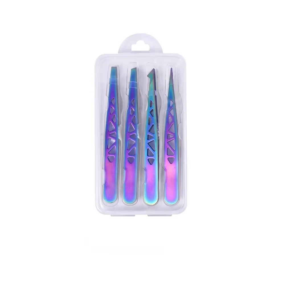 Stoyotu (Colorful) 4Pcs Stainless Steel Precision Tweezers With Travel Storage Box - Professional Slanted, Pointed, Flat, And Angled Tips