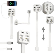 Listwa zasilająca z USB, 4 gniazda + 3 USB-C i 3 USB-A, rozciągliwa w zakresie 44–70 cm, obrotowa w zakresie 360, z zabezpiec