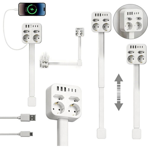 Πολύπριζο με USB, 4 υποδοχές + 3 USB-C & 3 USB-A, επεκτάσιμο 44–70cm, περιστροφή 360, πρ