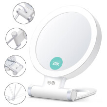 Kaksipuolinen LED-kosmetiikkapeili 20-kertaisella suurennuksella – kokoontaitettava, valaistu, USB-ladattava, seinälle ja pöydäll