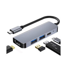 4-in-1 USB-C-hub, multifunctioneel Type-C-dock met HDMI 4K 30Hz, PD 3.0 87W snelladen, grijs, voor kantoor, thuis, school en reizen