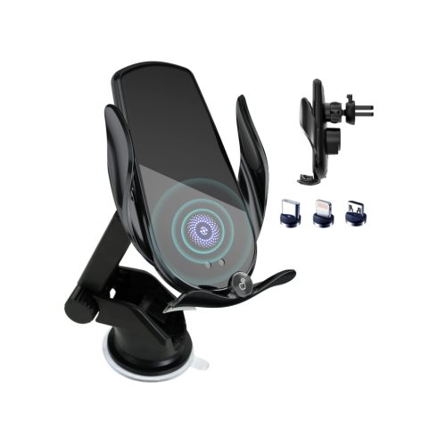 15W Wireless Car Charger with Auto-Clamp Mount, Secure Fast Charging Compatible with iPhone and Android, Black