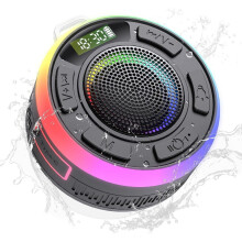 Bluetooth Shower Speaker, IPX7 Waterproof, HD Stereo Sound, Built-In Mic, Time Display, Dynamic Lights, 10-Hour Playtime, Black