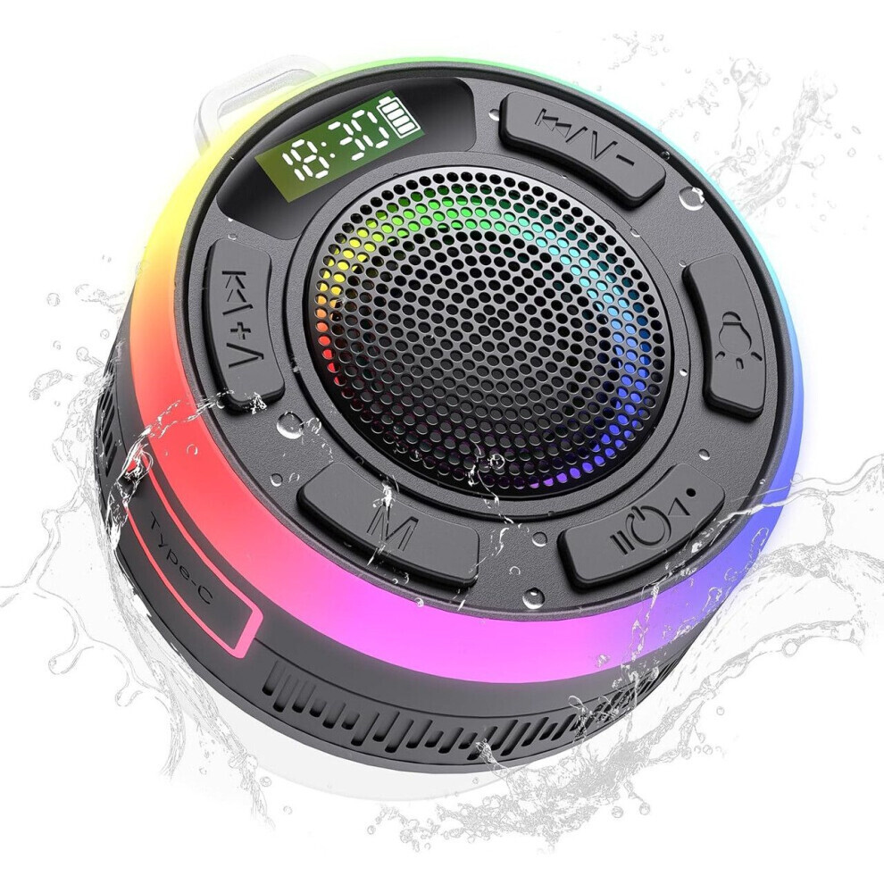 Bluetooth Shower Speaker, Ipx7 Waterproof, Hd Stereo Sound, Built-In Mic, Time Display, Dynamic Lights, 10-Hour Playtime, Black 6083684982163