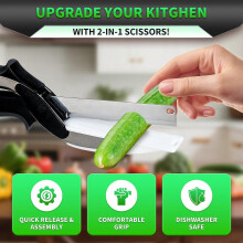 2-in-1 Kitchen Scissors - Stainless Steel Blade & Cutting Board Knife with Safety Lock, Sharp Shears for Meat, Vegetables, Fruits & Cheese