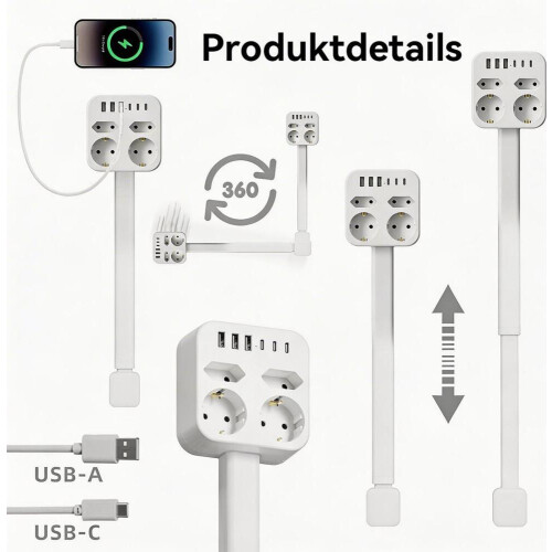 Πολύπριζο με USB, 4 υποδοχές + 3 USB-C & 3 USB-A, επεκτάσιμο 44–70cm, περιστροφή 360, πρ 2