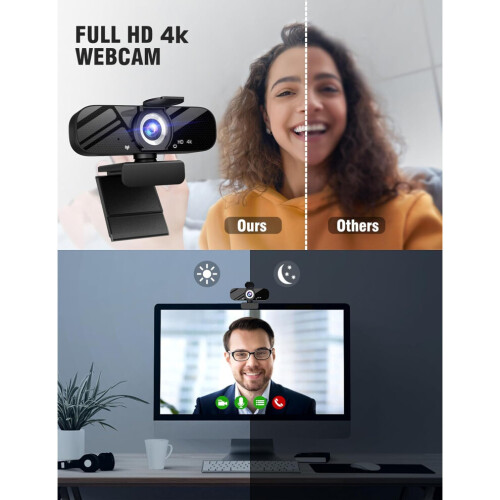 Cámara web 4K con micrófono integrado, trípode giratorio, lente gran angular y cubierta de privacidad, color negro. 1