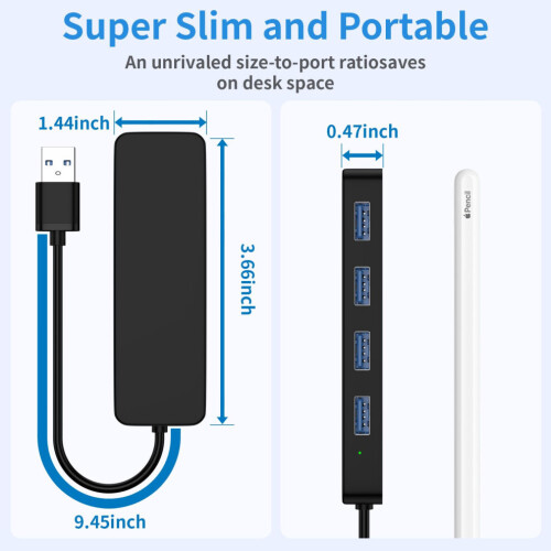 4-Port USB 3.0 Hub, 5Gbps Data Transfer Adapter for Laptops, Keyboard, Mouse, 30cm/120cm Cable 2