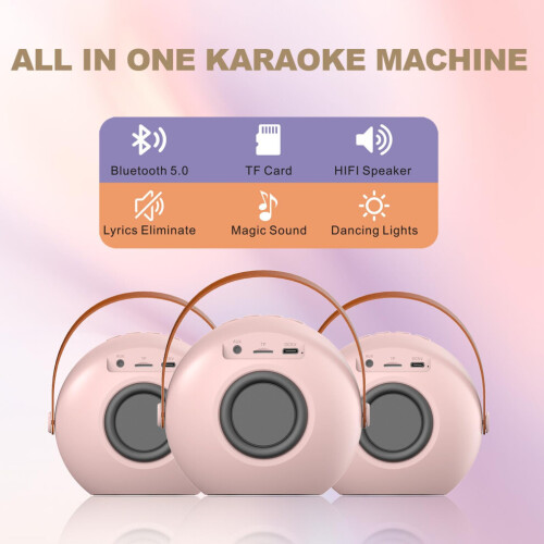 Macchina per karaoke portatile per bambini con 2 microfoni wireless, altoparlante Bluetooth, rosa, ideale per feste. 1