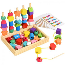 Montessori Bead Sequencing Set, Wooden Bead Toys for Toddlers, Color Matching Shape Stacker, Educational Toys for Preschool Learning Ages 2-5