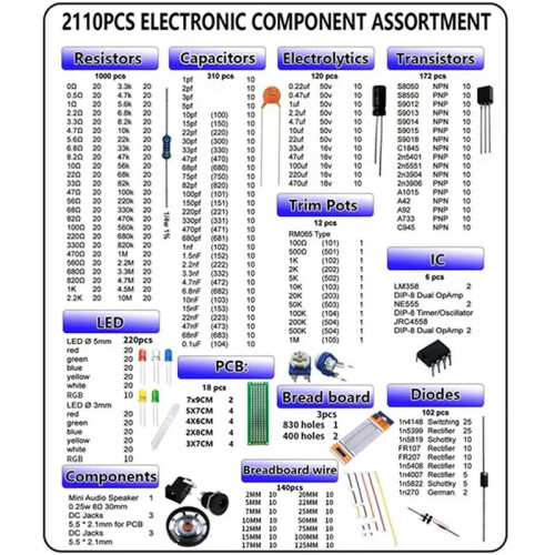 2110PCS Electronic Components Kit  Edition Various Common Capacitors Resistors LED Board DIP-IC Breadboard 2