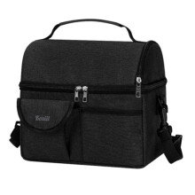 Kosiil Insulated Lunch Bag Double Compartment Waterproof 26x24x16cm Black Polyester Leakproof Cooler Tote