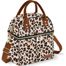 Double-Compartment Insulated Lunch Bag with Adjustable Shoulder Strap, Perfect for Picnic, Travel, Leopard Pattern, Thermal Cooler Tote